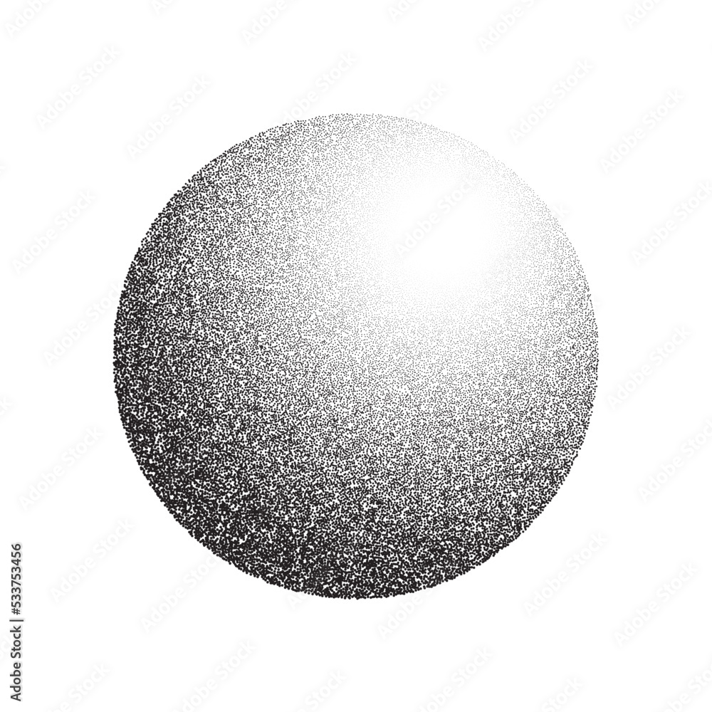 Poster Grain circle gradient. Stippled round shape. Radial stochastic dotwork texture. Random grunge noise background. Black dots sphere. Halftone vector 