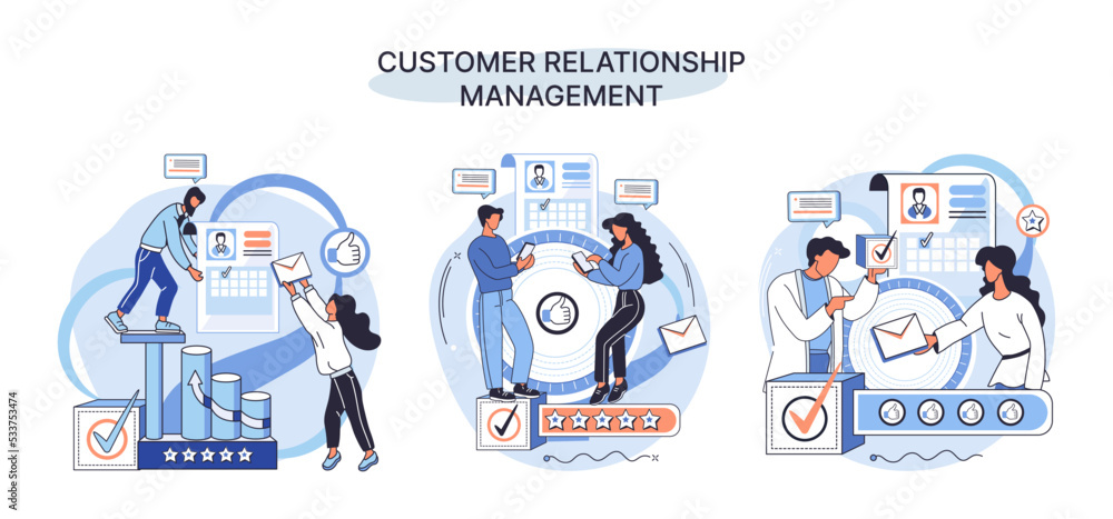 Poster crm metaphor. customer relationship management. application software for organizations automatisatio