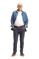 Fototapeta premium Full length portrait of a mature man with glasses posing with hands in pockets