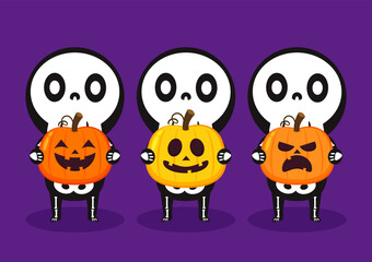 Cute halloween skeleton cartoon. Skeleton in halloween day. Halloween character cartoon. Happy halloween greeting card.