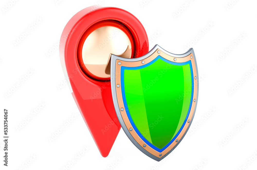 Poster map pointer with shield, 3d rendering