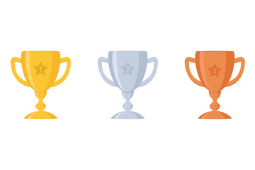 Gold, Silver and Bronze Trophy Cup. Award with first, second and third place. Trophy cup, award for victory. Champions or winners. Vector illustration