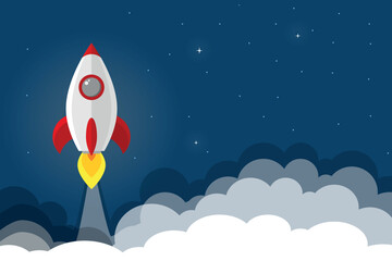 Rocket launch. Rocket with space and stars on blue background. Vector rocket image, spaceship. New project start up concept. Creative idea. Concept of business product on a market