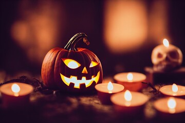 Beautiful Halloween scenery with a pumpkin and candles - obrazy, fototapety, plakaty