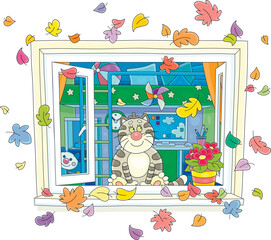 Funny plump domestic cat friendly smiling, sitting on a windowsill of an open window and watching colorful swirling leaves on a warm autumn day, vector cartoon illustration