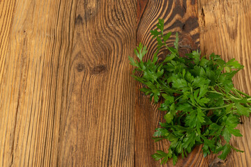 Parsley Bunch on Old Wood Texture Wooden Background