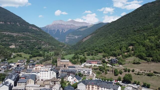 Drone views over 2600m of altitude with waterfalls. French Pyrenes mountains.