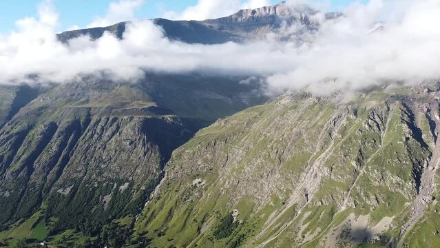 Drone views over 2600m of altitude with waterfalls. French Pyrenes mountains.