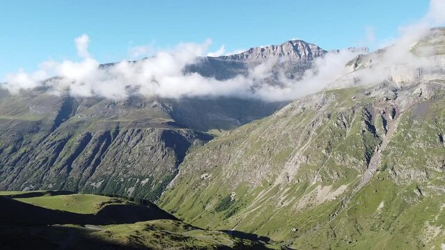 Drone views over 2600m of altitude with waterfalls. French Pyrenes mountains.