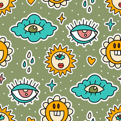 Cute cartoon groovy cloud, eye sticker vector seamless pattern. Hippie retro background illustration