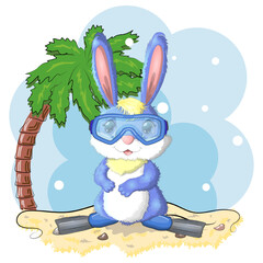 Obraz na płótnie Canvas Cute rabbit, hare in a summer hat and swim ring, flippers. Beach, holiday, vacation concept. Symbol of 2023.