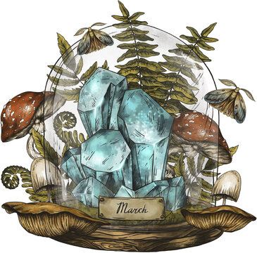 Vintage birthstones, Aquamarine gemstone, March magic illustration