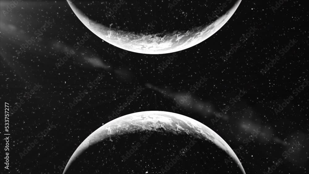 Poster 3d animation with approaching planets. motion. collision of parallel planets on background of space 
