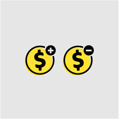 icon add and remove money coins with outline and yellow color