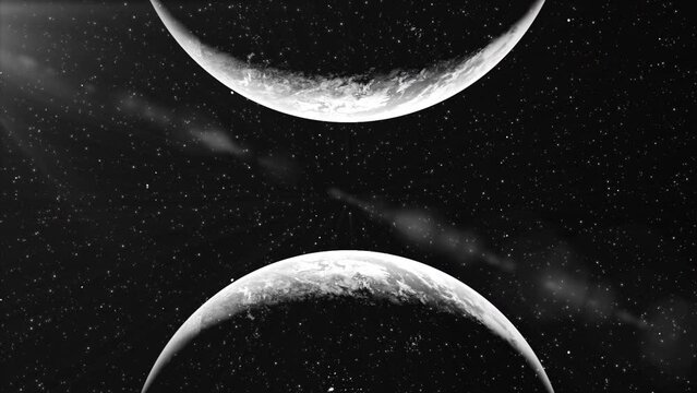 3D animation with approaching planets. Motion. Collision of parallel planets on background of space and rays of light. Timelapse of catastrophic collision of planets