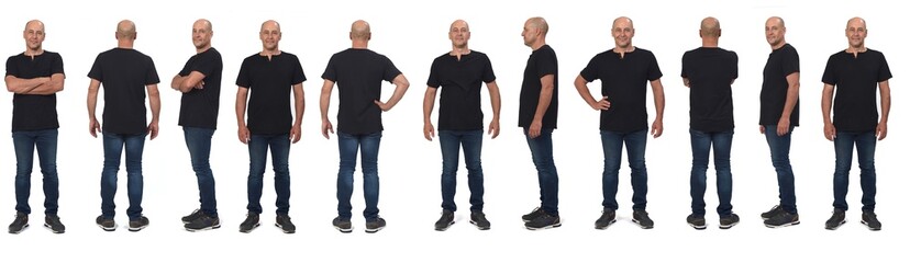 line of large group of  same man with casual clothing various poses on white background