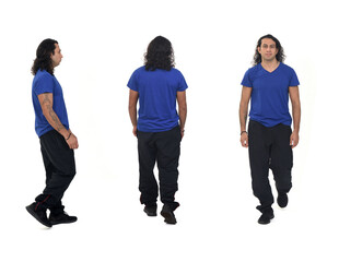 Fototapeta premium back, front and side view of same man with sportswear walking on white background