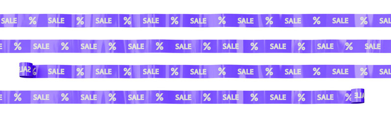 Realistic purple sale curved tapes with discount sign isolated on transparent background. Ribbon tape for advertisements. Big sale. Mega sale. Discount. Decorative element for banners.