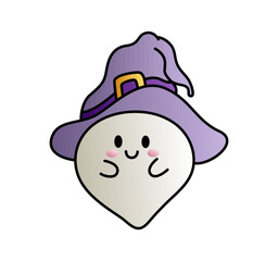 Halloween cute ghost with witch hat. Kawaii face. Vector design on isolated background. Cartoon style. For print and web.