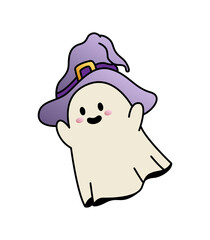 Retro Halloween ghost in witch hat. Kawaii face. Cute funny vector design on isolated background. Cartoon style. For print and web.