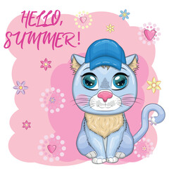 Cartoon cat in a hat with flowers. Summer, vacation. Cute child character, symbol of 2023 new chinese year