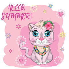 Cartoon cat dressed as a hula dancer under the ukulele, Hawaii. Summer, vacation. Cute child character, symbol of 2023