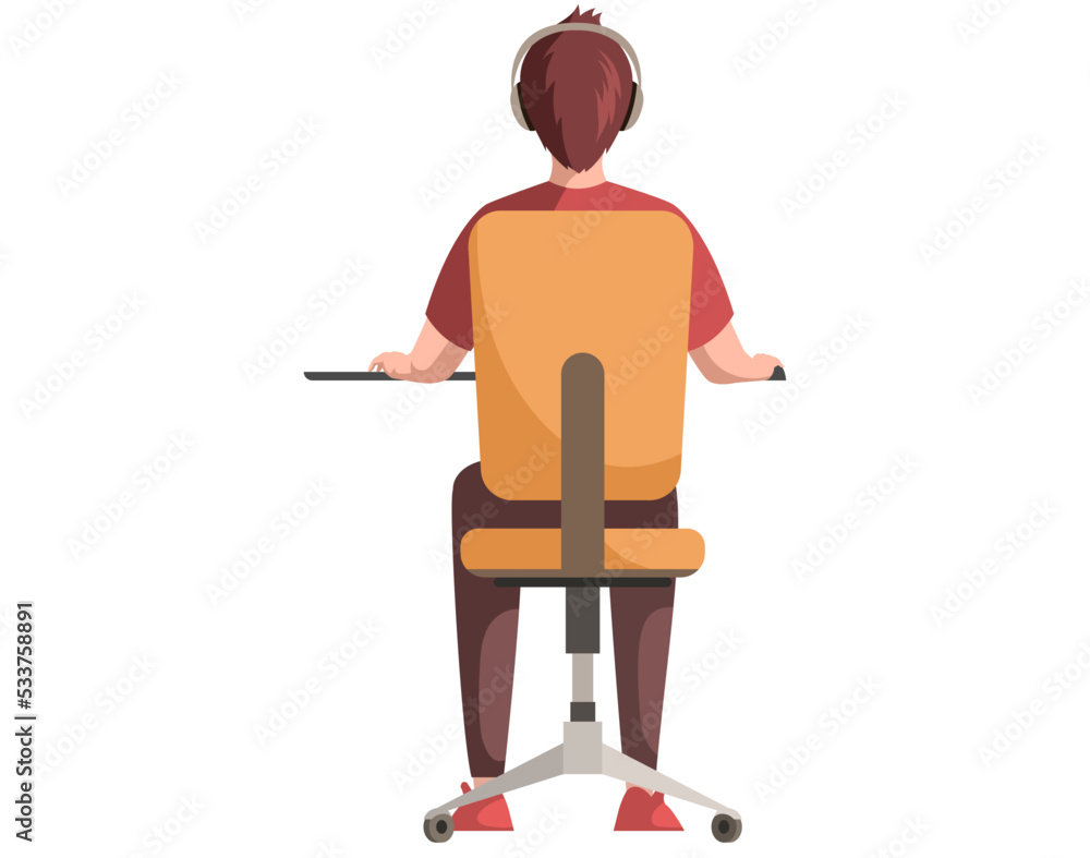 Poster man working on computer at desk. back view of guy sitting on chair at workplace. office employee dur