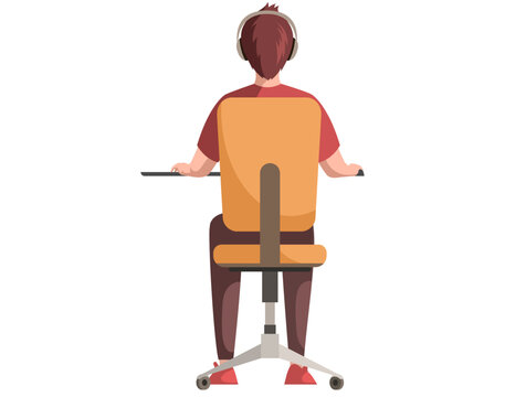 Man working on computer at desk. Back view of guy sitting on chair at workplace. Office employee during work with laptop. Company worker in headphones typing on keyboard. Male character doing job