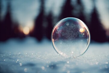 Closeup shot of a frozen bubble on the snow