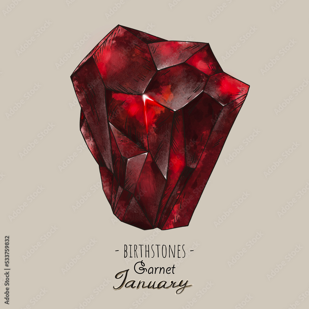 Wall mural Vintage birthstones, Garnet  gemstone, January magic  illustration