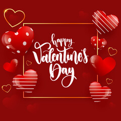 Vector Saint valentines day greeting card with hearts on red background. Printable template 3d happy valentines day