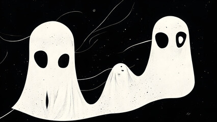 Simple illustration of white halloween ghosts against a black background - obrazy, fototapety, plakaty