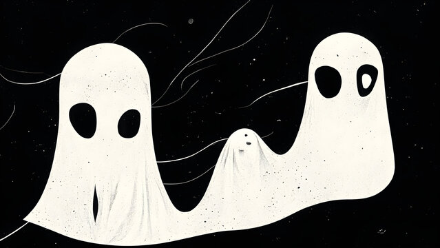 Simple illustration of white halloween ghosts against a black background