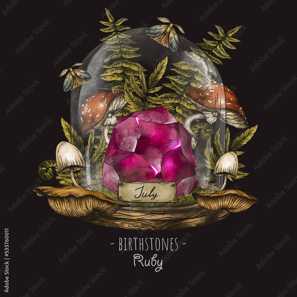 Sticker vintage birthstones, ruby gemstone, july magic illustration