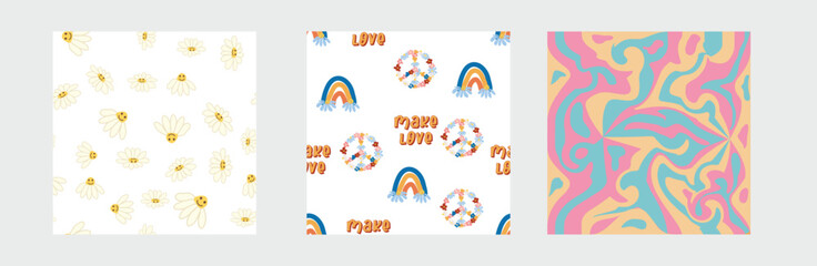 1970s Set of retro seamless pattern. Floral, swirl, mushrooms, peace symbol, camomile, smile.
