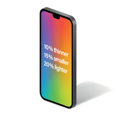 smartphone frameless gray color with colorful screen saver isolated on white background. mockup of realistic and detailed new mobile phone with shadow. vector 3d isometric illustration