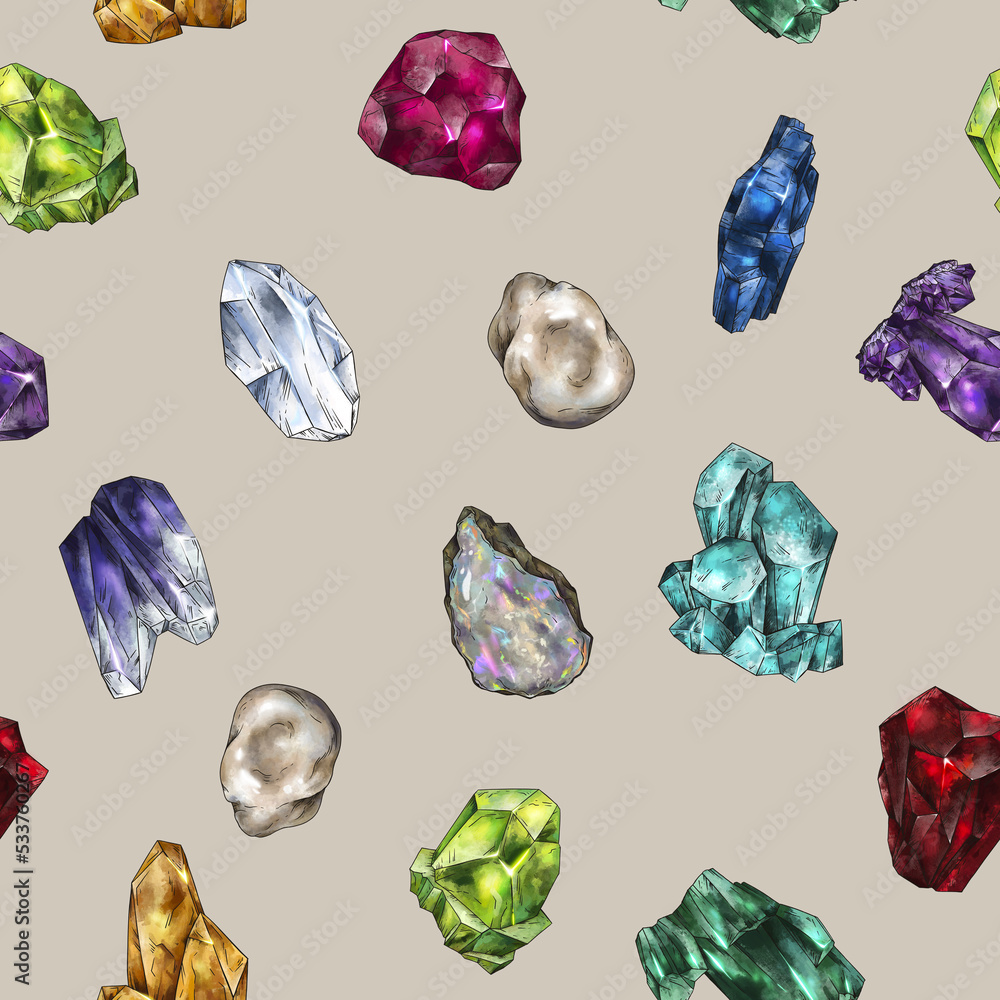 Wall mural vintage crystal seamless pattern, magic birthstones texture