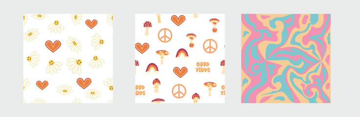 1970s Set of retro seamless pattern. Floral, swirl, mushrooms, peace symbol, camomile, smile.