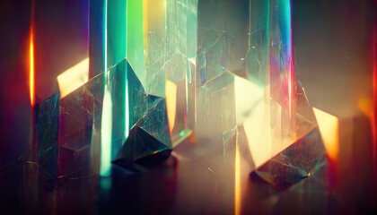 Glass crystals and prisms with color spectrum rays. Abstract optic art background. 3D illustration.