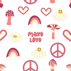 Magic psychedelic drug mushrooms, Chamomile, rainbow seamless pattern. Psychedelic hallucination. 60-70s hippie