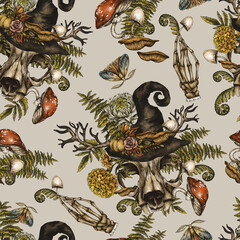 Halloween Seamless Pattern, Vintage Animal Skull, Amanita Mushroom Texture