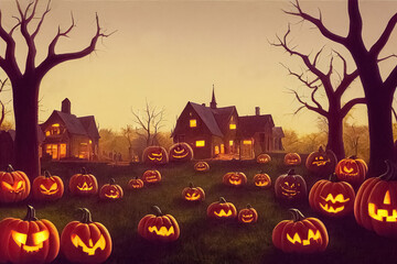 Mysterious Halloween design background with pumpkins Jack O’ Lanterns. 3D illustration.