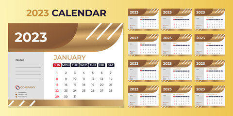 Monthly calendar template for 2023 year. Planner diary in a minimalist style.2023 calendar in minimal table and Golden color event planner, Corporate and business calendar. Week Starts Sunday
