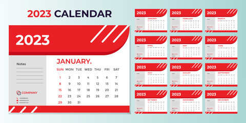 Monthly calendar template for 2023 year. Planner diary in a minimalist style.2023 calendar in minimal table and red color event planner, Corporate and business calendar. Week Starts Sunday