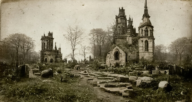 Old photo with creepy cemetery and abandoned church ruins. Mystic gloomy scene. 3D illustration.
