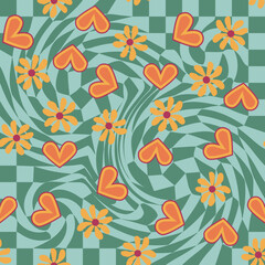 Love heart, daisies, waves of positivity retro 70s seamless pattern. Yellow, orange, red scattered heart shapes on a swirling background