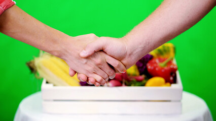 close-up, friendly handshake on Chromakey, green background and a box full of different vegetables, in studio. concept of crop counting, harvest of vegetables. High quality photo