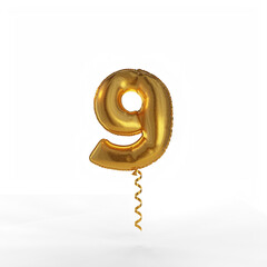 Separate figure nine in the form of a foil balloon. Template for creating a greeting card for the celebration. 3d rendering.