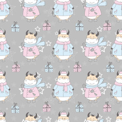 2021 symbol of the year ox. Christmas pattern. Bulls in the snow. Design for wrapping paper, fabric and clothing. Pastel delicate colors