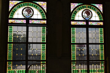 Interior View of Two Large Stained Glass Windows with Mexican National Emblems